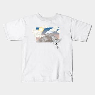 Japanese Crane and mountain sun set Kids T-Shirt